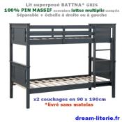 BATTNA Lits superposés 2x(90x190)CM PIN 100% MASSIF, avec SOMMIERS.